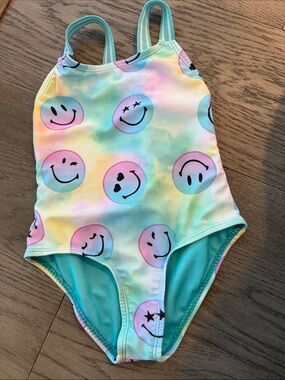 Limeapple Pastel Tie-Dye Smiley One-Piece Swimsuit with Aqua Lining